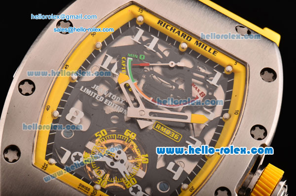 Richard Mille RM036 ST28-UP Automatic Steel Case with White Markers Yellow Rubber Strap and Skeleton Dial - 7750 Coating - Click Image to Close